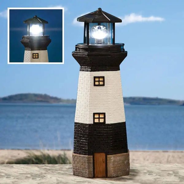 Ruiqas Solar Lighthouse Statue – Rotating LED Outdoor Light, 11 Inch Resin Garden Ornament With Auto Rotating Blinking Light, Black & White Weatherproof