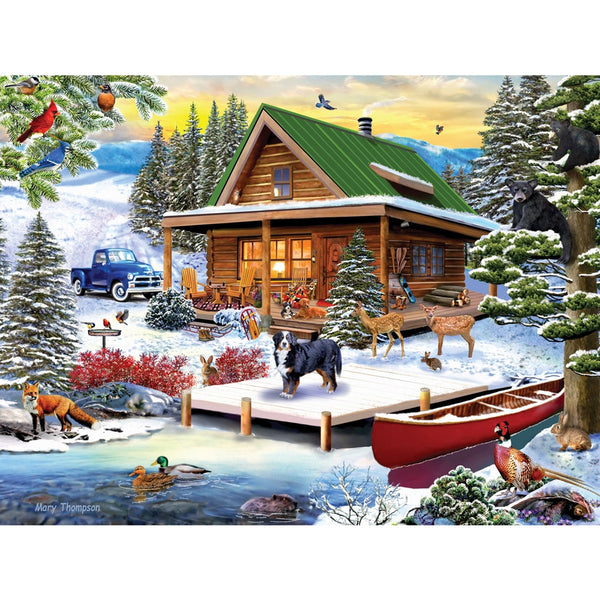 ラスト！スイス領事館スイスネックス 檜升＆ピンバッジセット（3種・14個入り） Cabin Sunset In Winter Jigsaw Puzzle |Bits and Pieces Canada